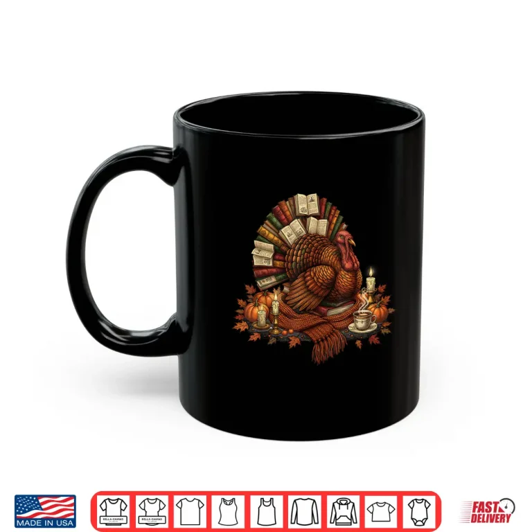 Mug Turkey Reading Books Fall Season Thanksgiving Teacher Book Shirt