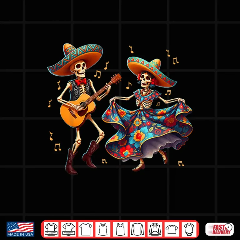 Design Dia De Los Muertos Dancing Skeletons Guitar Day of The Dead Shirt