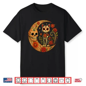 Sugar Skull Cat Moon Dia De Los Muertos Funny Halloween Cat Shirt