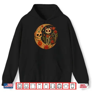 Hoodie Sugar Skull Cat Moon Dia de Los Muertos Funny Halloween Cat Shirt