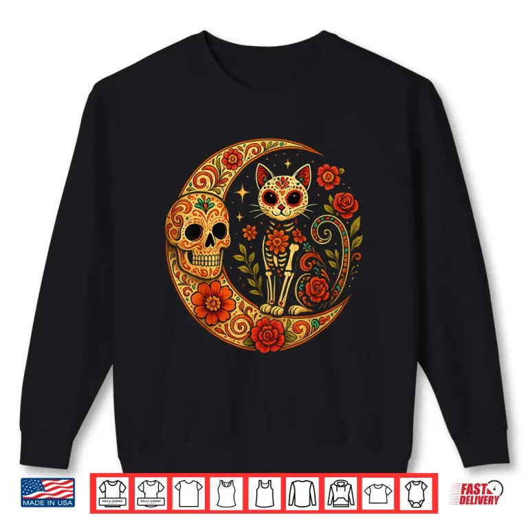 Sweatshirt Sugar Skull Cat Moon Dia de Los Muertos Funny Halloween Cat Shirt