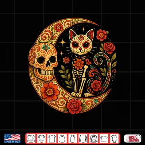 Design Sugar Skull Cat Moon Dia de Los Muertos Funny Halloween Cat Shirt