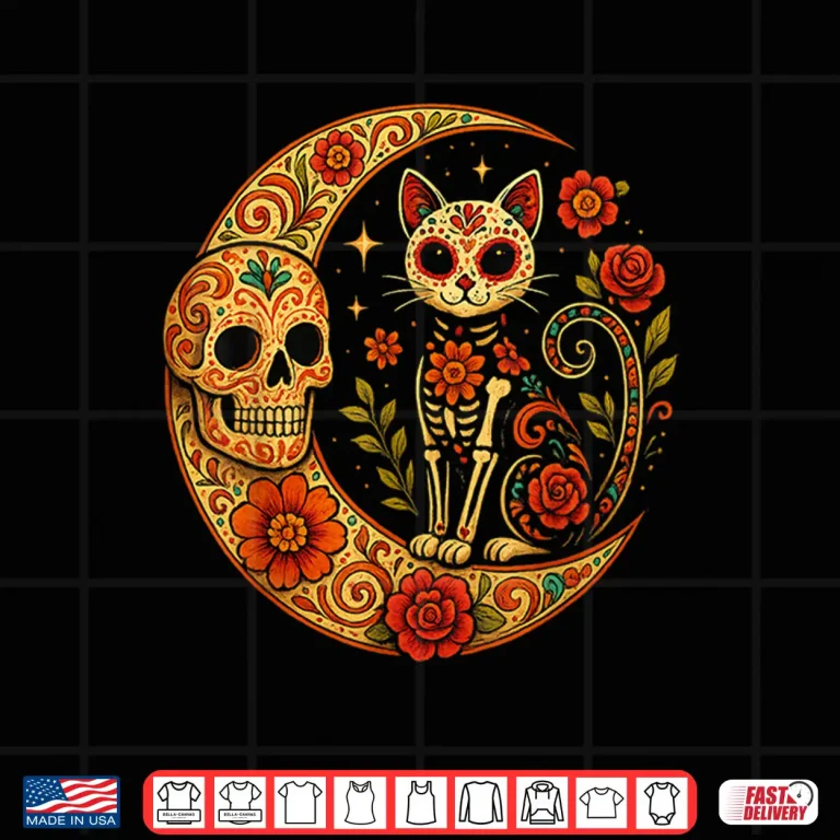 Design Sugar Skull Cat Moon Dia de Los Muertos Funny Halloween Cat Shirt