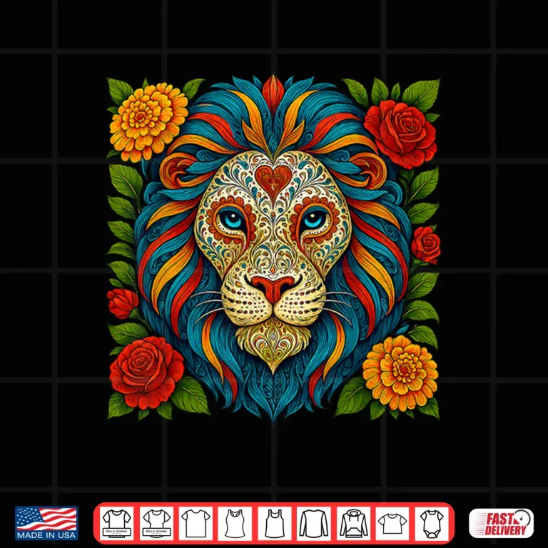 Design Sugar Skull Lion Dia de Muertos Halloween Day of The Dead Shirt