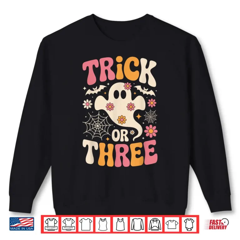 Sweatshirt Trick Or Three 3 Years Old Birthday Groovy Ghost Halloween Shirt