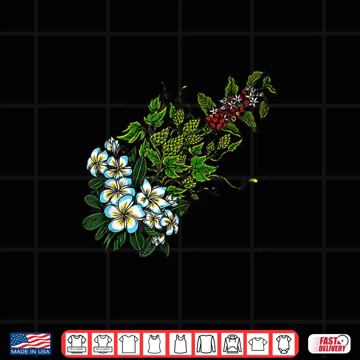 Tropical Plumeria Blossoms Green Hops Coffee Cherries Shirt Tropical Plumeria Blossoms Green Hops Coffee Cherries Shirt
