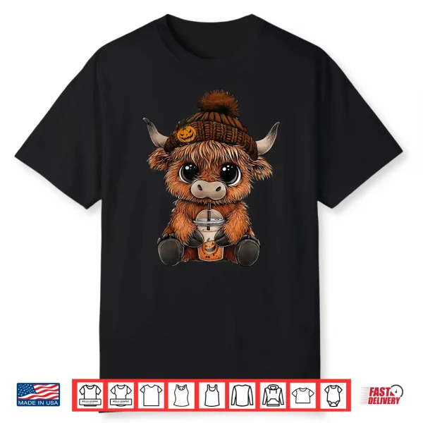 Cute Highland Cow Hat Pumpkin Drink Coffee Lover Halloween Shirt