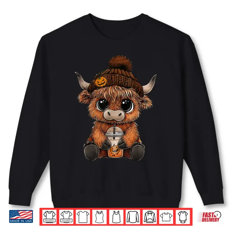 Sweatshirt Cute Highland Cow Hat Pumpkin Drink Coffee Lover Halloween Shirt