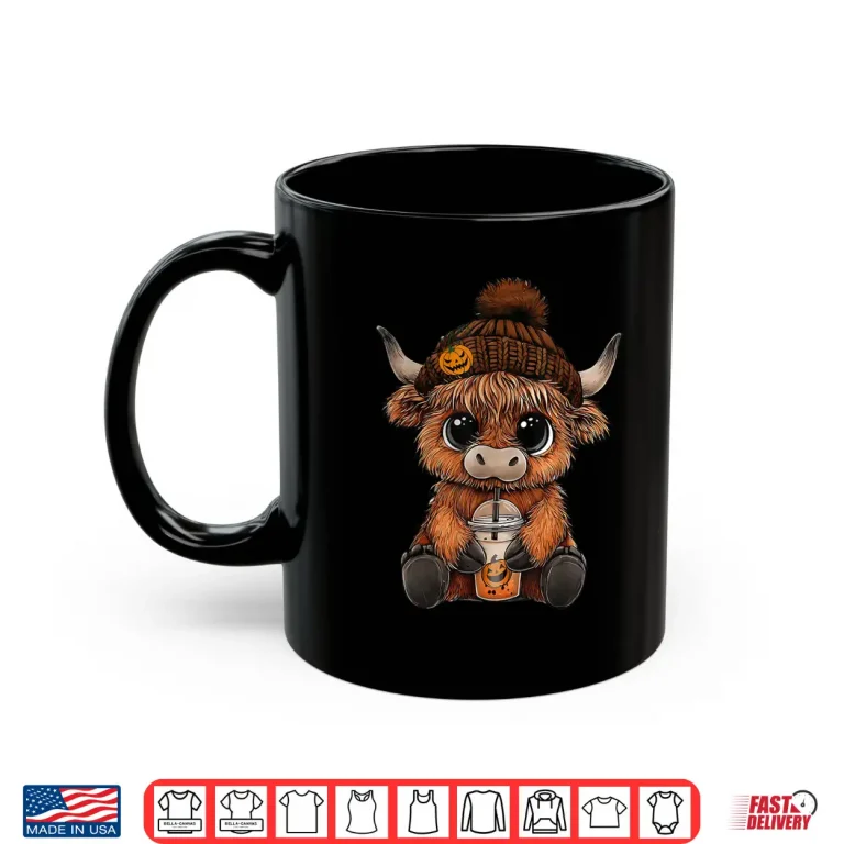 Mug Cute Highland Cow Hat Pumpkin Drink Coffee Lover Halloween Shirt