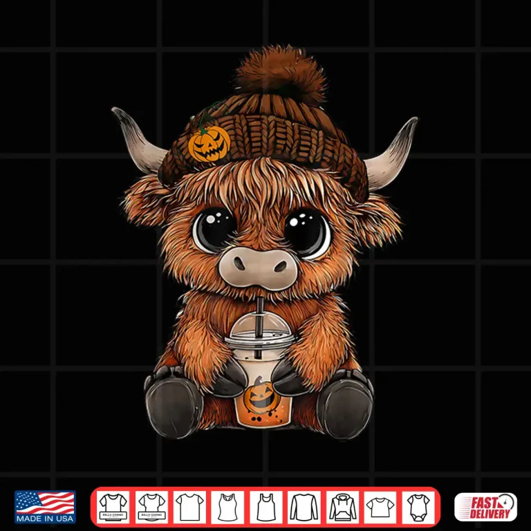 Design Cute Highland Cow Hat Pumpkin Drink Coffee Lover Halloween Shirt