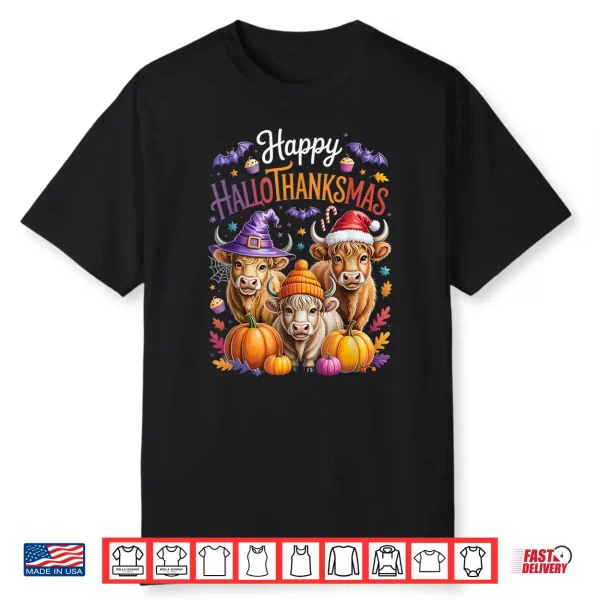 Hallothanksmas Halloween Thanksgiving Christmas Highland Cow Shirt