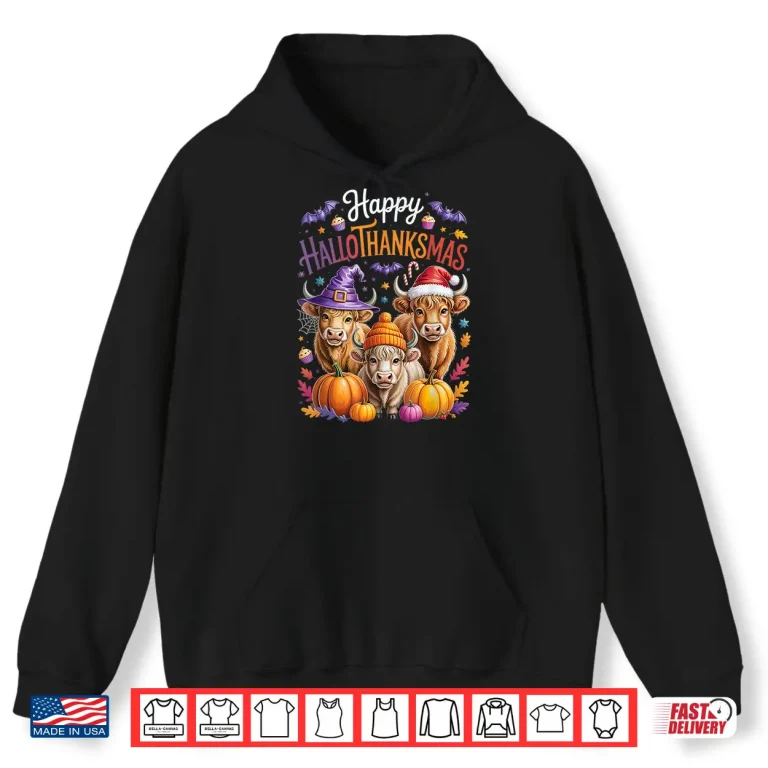 Hoodie HalloThanksMas Halloween Thanksgiving Christmas Highland Cow Shirt