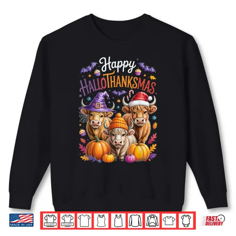 Sweatshirt HalloThanksMas Halloween Thanksgiving Christmas Highland Cow Shirt