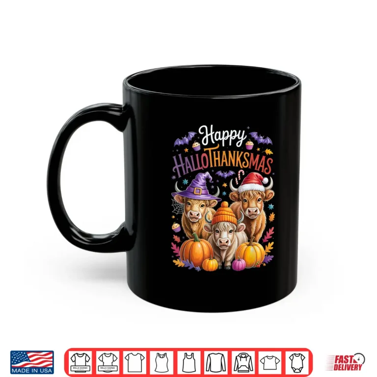 Mug HalloThanksMas Halloween Thanksgiving Christmas Highland Cow Shirt
