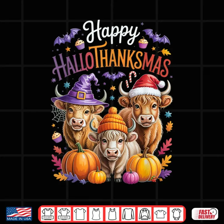 Design HalloThanksMas Halloween Thanksgiving Christmas Highland Cow Shirt
