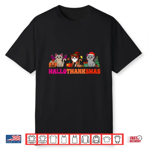 Halloween Thanksgiving Christmas Happy Hallothanksmas Cats Shirt