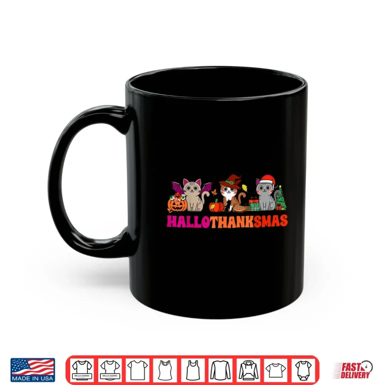 Mug Halloween Thanksgiving Christmas Happy HalloThanksMas Cats Shirt