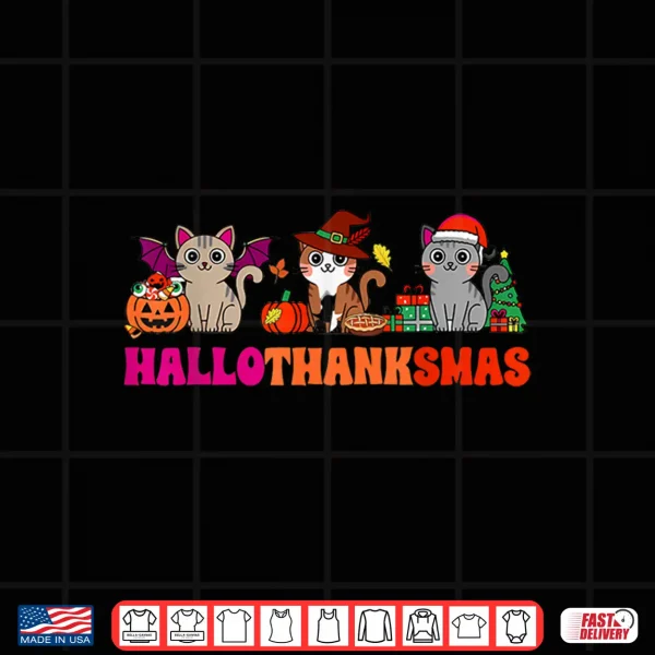 Design Halloween Thanksgiving Christmas Happy HalloThanksMas Cats Shirt