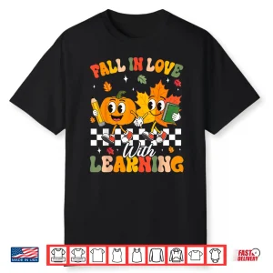 Retro Fall In Love With Learning Autumn Leaf Pumpkin Teacher Shirt