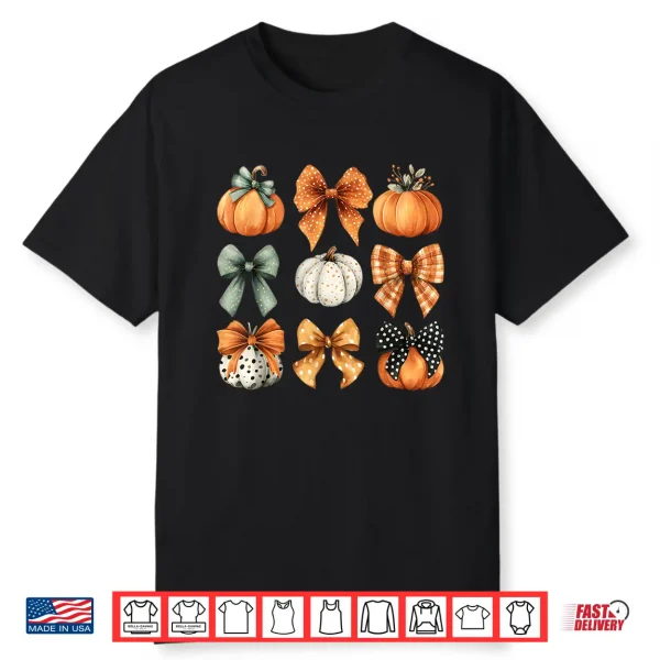 Thanksgiving Autumn Fall Leaves Coquette Bow Pumpkin Season Shirt