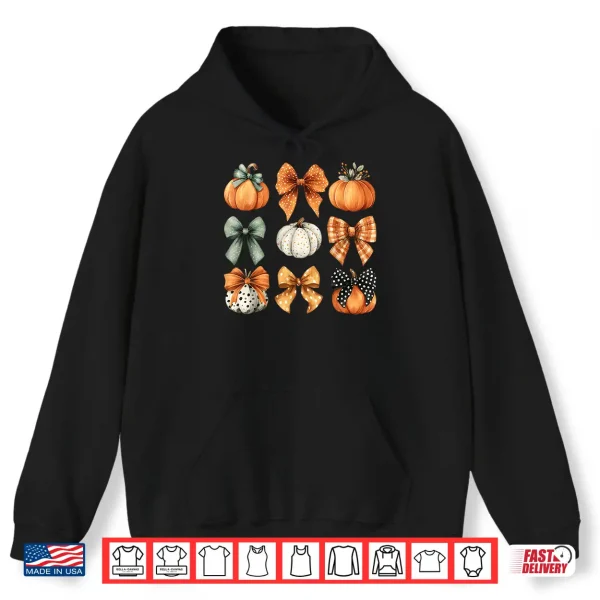 Hoodie Thanksgiving Autumn Fall Leaves Coquette Bow Pumpkin Season Shirt