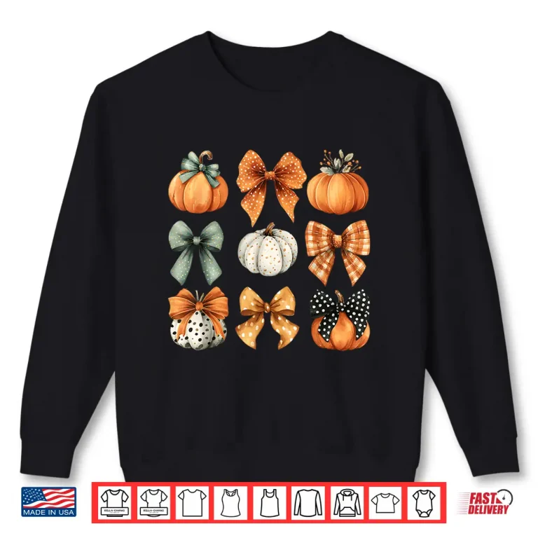 Sweatshirt Thanksgiving Autumn Fall Leaves Coquette Bow Pumpkin Season Shirt