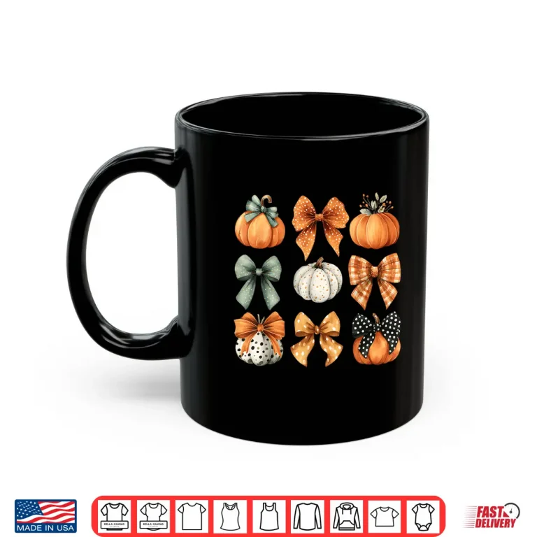 Mug Thanksgiving Autumn Fall Leaves Coquette Bow Pumpkin Season Shirt