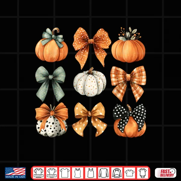 Design Thanksgiving Autumn Fall Leaves Coquette Bow Pumpkin Season Shirt