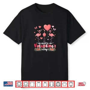 Happy Valentine’S Day Flowers Hearts Three Cute Flamingos Shirt