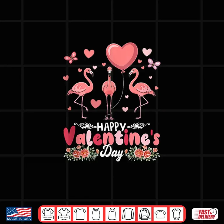 Design Happy ValentineS Day Flowers Hearts Three Cute Flamingos Shirt