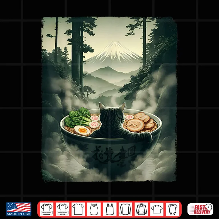 Design Cat Ramen Mount Fuji Zen Aesthetic Funny Japanese Shirt