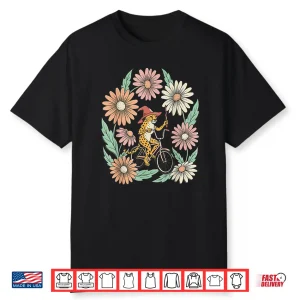 Vintage Cheetah Witch Riding Bicycle Floral Shirt