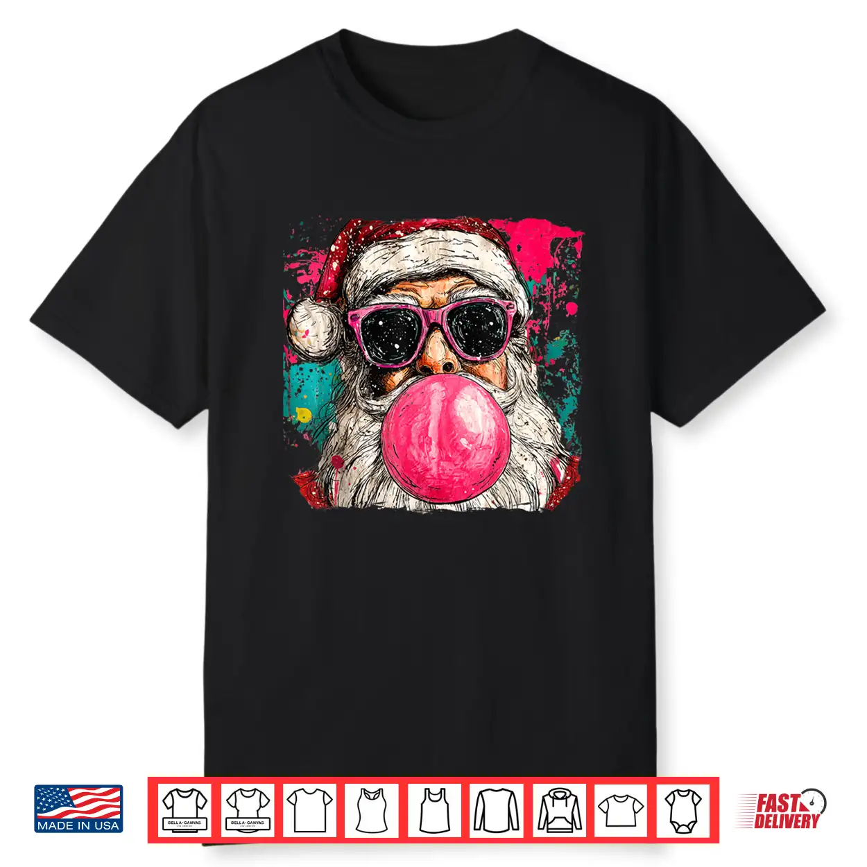Vintage Preppy Watercolor Santa Bubble Gum Pink Sunglasses Shirt