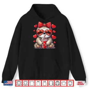 Hoodie Sloth Holding Heart Drinking Coffee Sloth Valentines Day Bow Shirt
