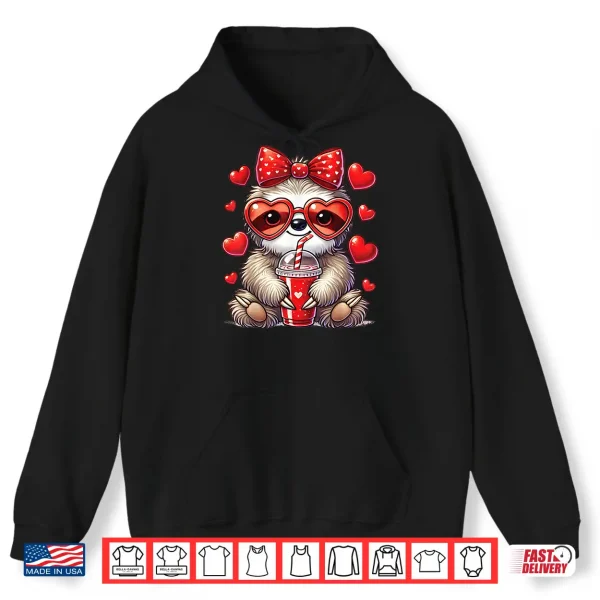 Hoodie Sloth Holding Heart Drinking Coffee Sloth Valentines Day Bow Shirt