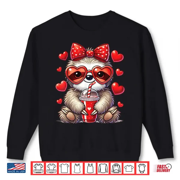 Sweatshirt Sloth Holding Heart Drinking Coffee Sloth Valentines Day Bow Shirt