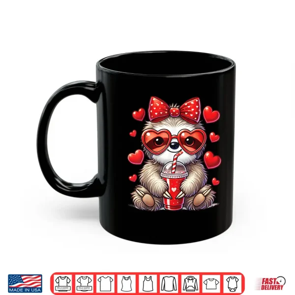 Mug Sloth Holding Heart Drinking Coffee Sloth Valentines Day Bow Shirt