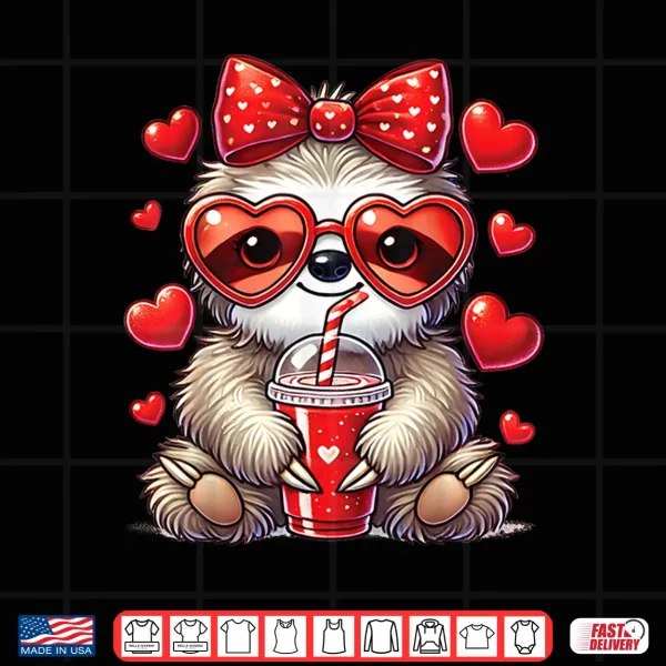 Design Sloth Holding Heart Drinking Coffee Sloth Valentines Day Bow Shirt