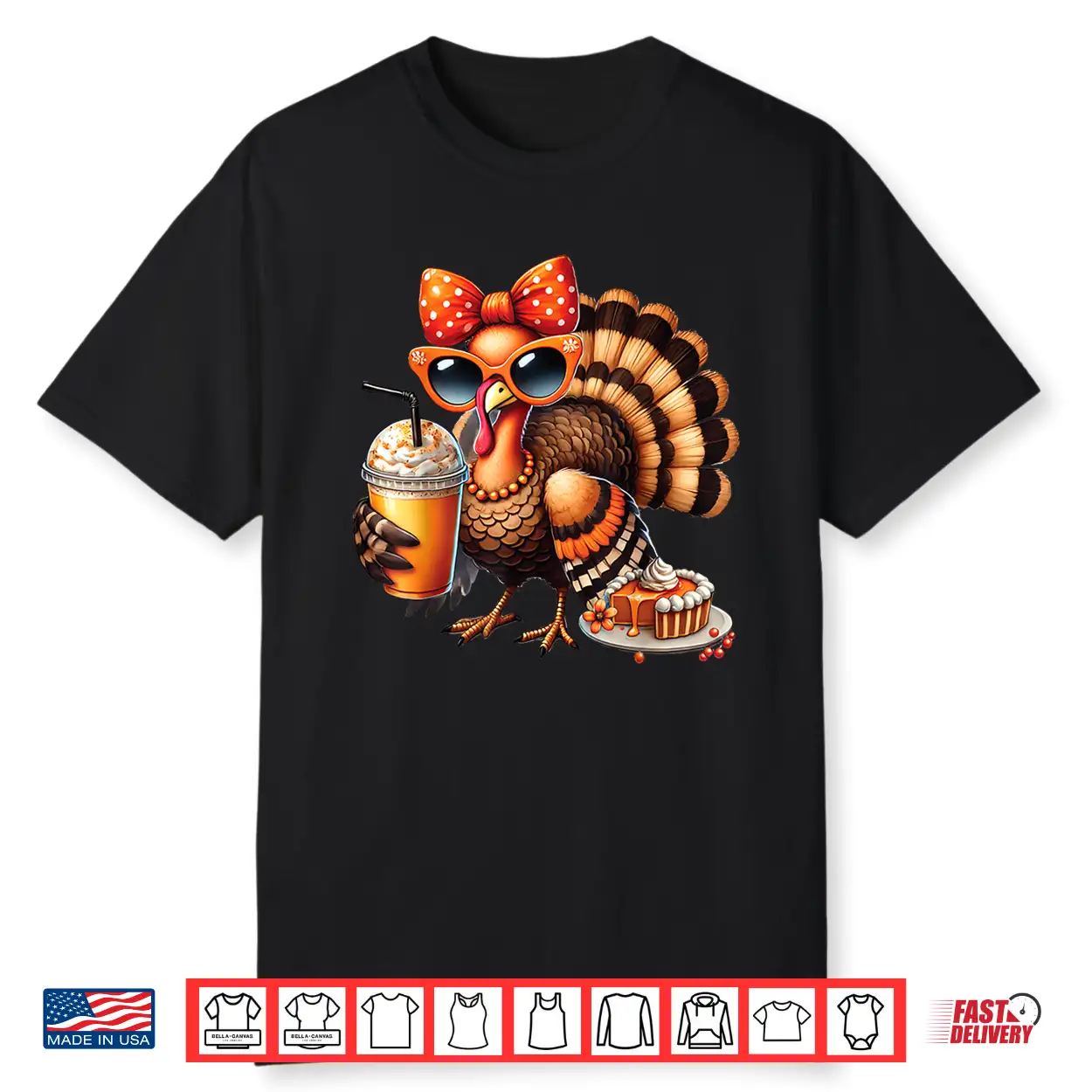 Turkey Drinking Coffee Bow Thanksgiving Womens Turkey Day Shirt Turkey Drinking Coffee Bow Thanksgiving Womens Turkey Day Shirt