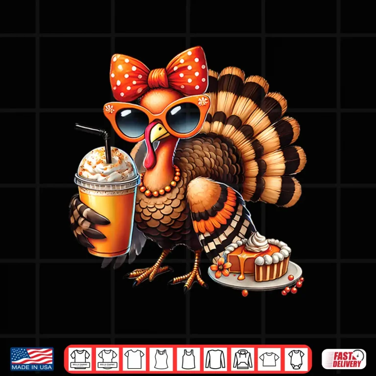 Design Turkey Drinking Coffee Bow Thanksgiving Womens Turkey Day Shirt