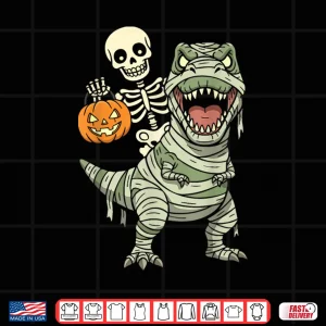 Design Skeleton Riding Mummy Dinosaur T rex Halloween Funny Pumpkin Shirt