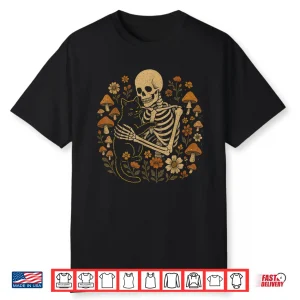 Cottagecore Aesthetic Floral Mushroom Skeleton Hugging Cat Shirt
