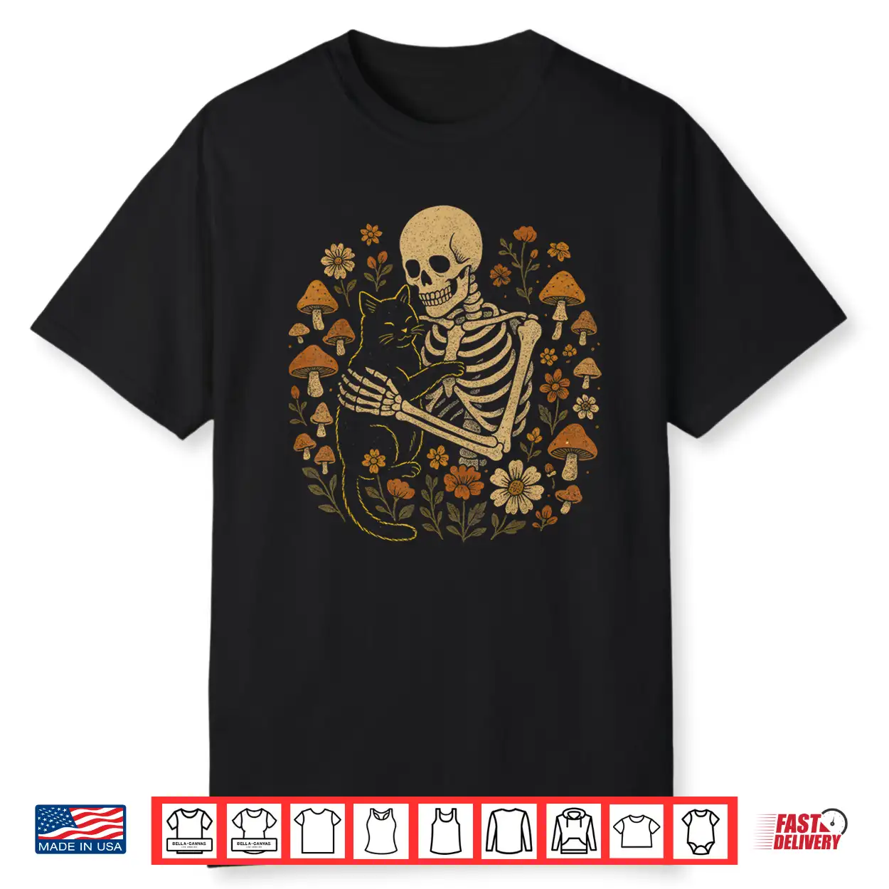 Cottagecore Aesthetic Floral Mushroom Skeleton Hugging Cat Shirt