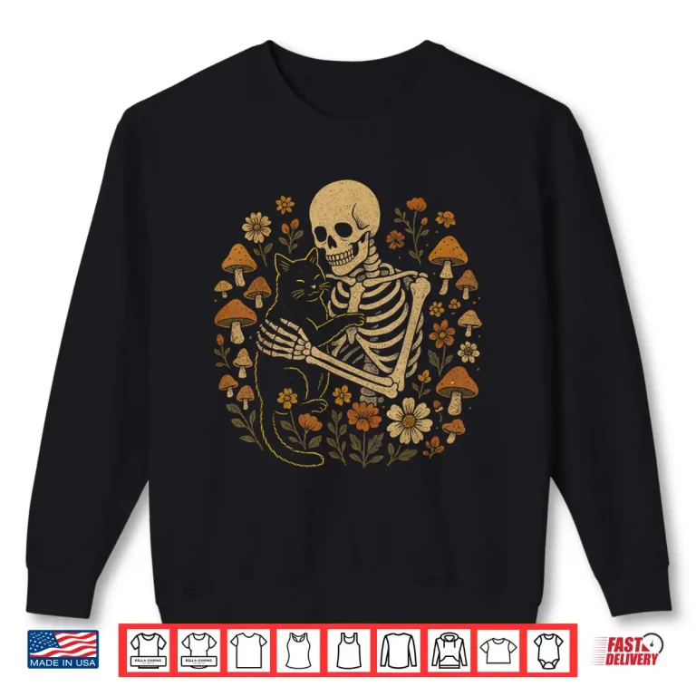 Sweatshirt Cottagecore Aesthetic Floral Mushroom Skeleton Hugging Cat Shirt
