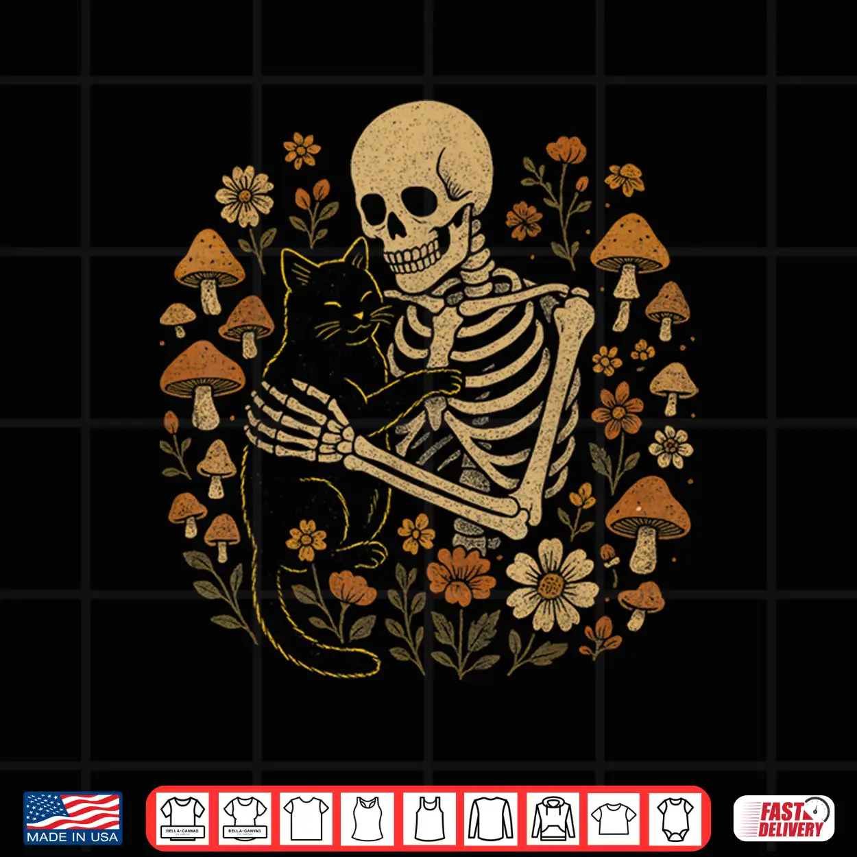 Cottagecore Aesthetic Floral Mushroom Skeleton Hugging Cat Shirt