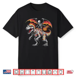 Skeleton Riding Dinosaur T Rex Halloween Pumpkin Shirt