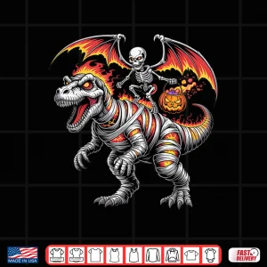 Design Skeleton Riding Dinosaur T Rex Halloween Pumpkin Shirt
