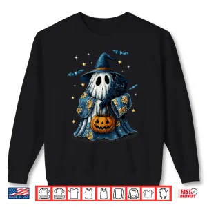 Sweatshirt Halloween Ghost Holding Black Cat Groovy Floral Shirt