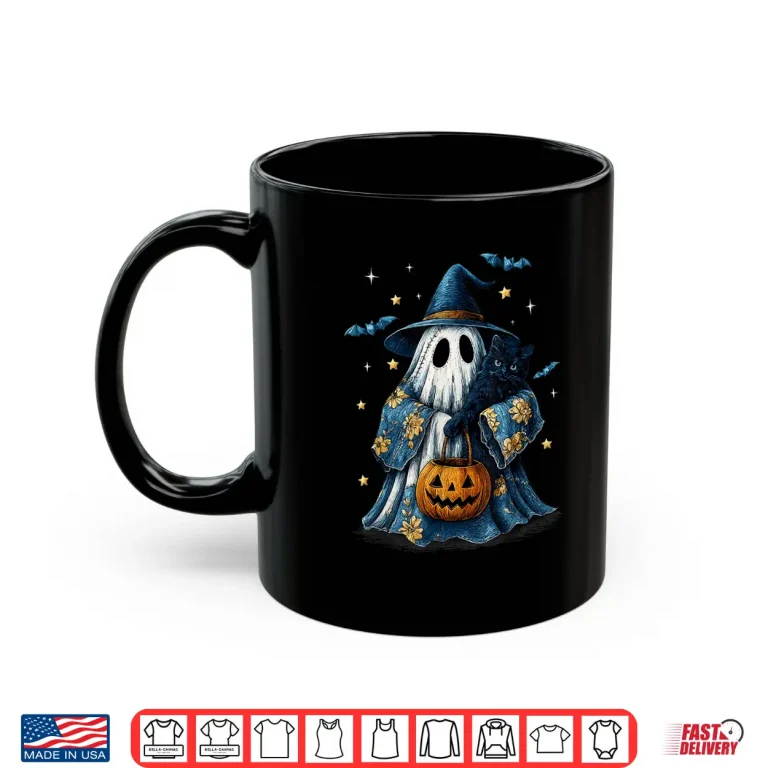 Mug Halloween Ghost Holding Black Cat Groovy Floral Shirt