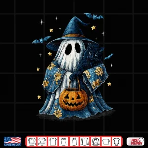 Design Halloween Ghost Holding Black Cat Groovy Floral Shirt